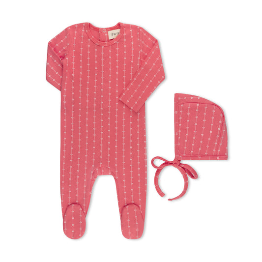 HEART STRIPED FOOTIE + HAT CORAL