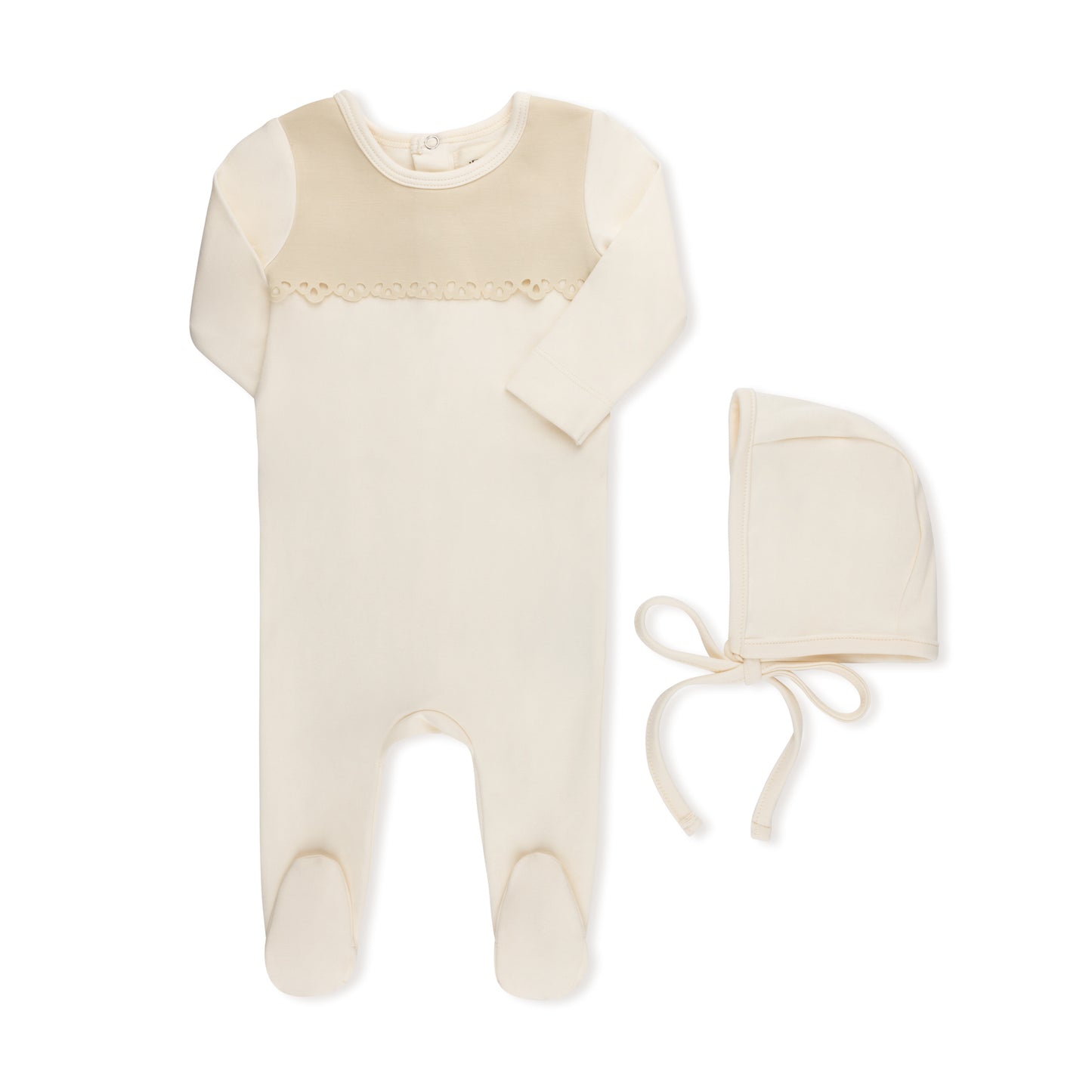 SCUBA CONTRAST OVERLAY FOOTIE +HAT ECRU