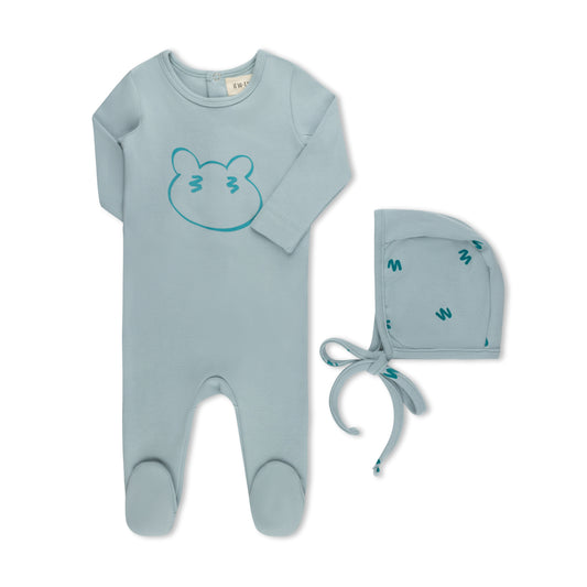 SCRIBBLE BEAR FACE FOOTIE + HAT BLUE