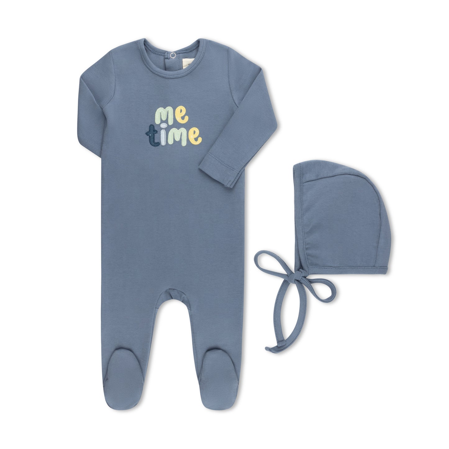 ME TIME APPLIQUE FOOTIE + HAT BLUE