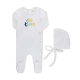 ME TIME APPLIQUE FOOTIE + HAT WHITE BOY