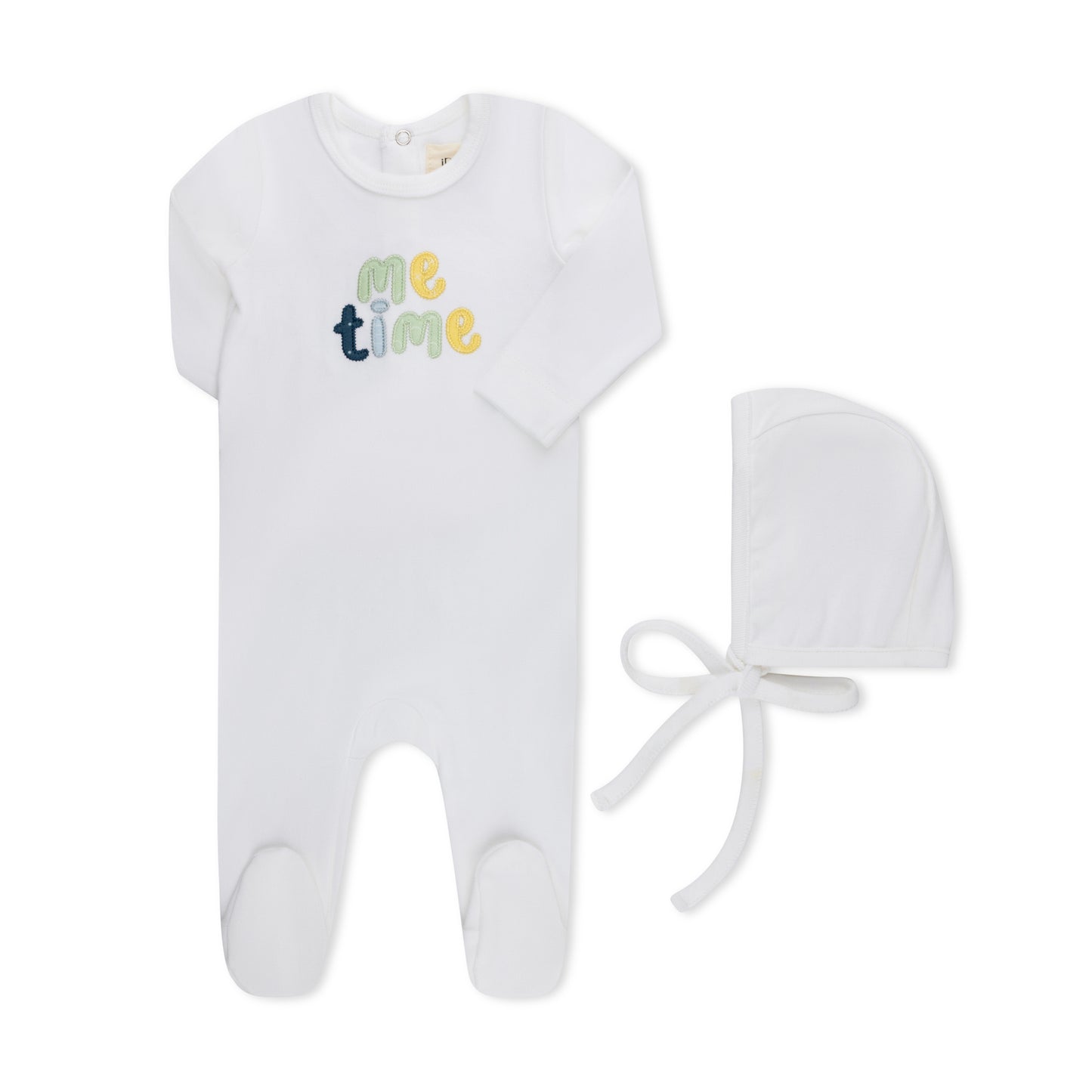 ME TIME APPLIQUE FOOTIE + HAT WHITE BOY